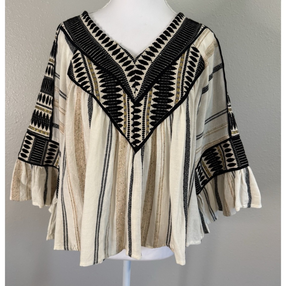 THML Boho Embroidered Geometric Peasant Blouse Art Teacher Chic‎ Lagenlook Small